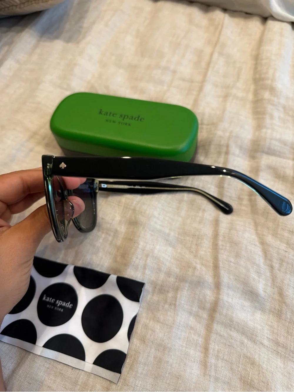 kate spade Black Cat-Eye Sunglasses with Green Case and Polka Dot Cloth